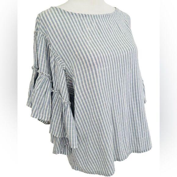 Chelsea & Theodore blue/white striped relaxed fit top, ruffled sleeves size M. - Picture 7 of 8